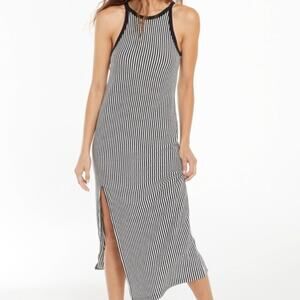 Z Supply Palisades Stripe Midi Dress Small Black White Rib Knit Coastal New‎
